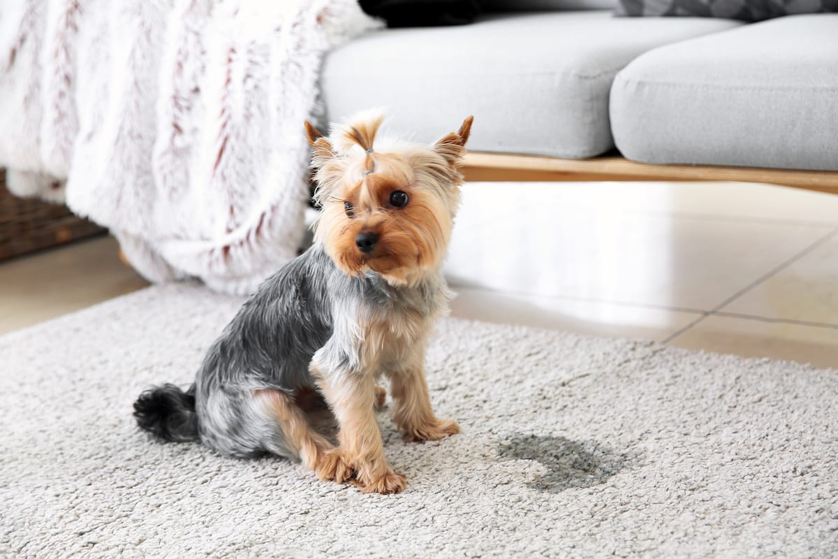pies z plamą na dywanie